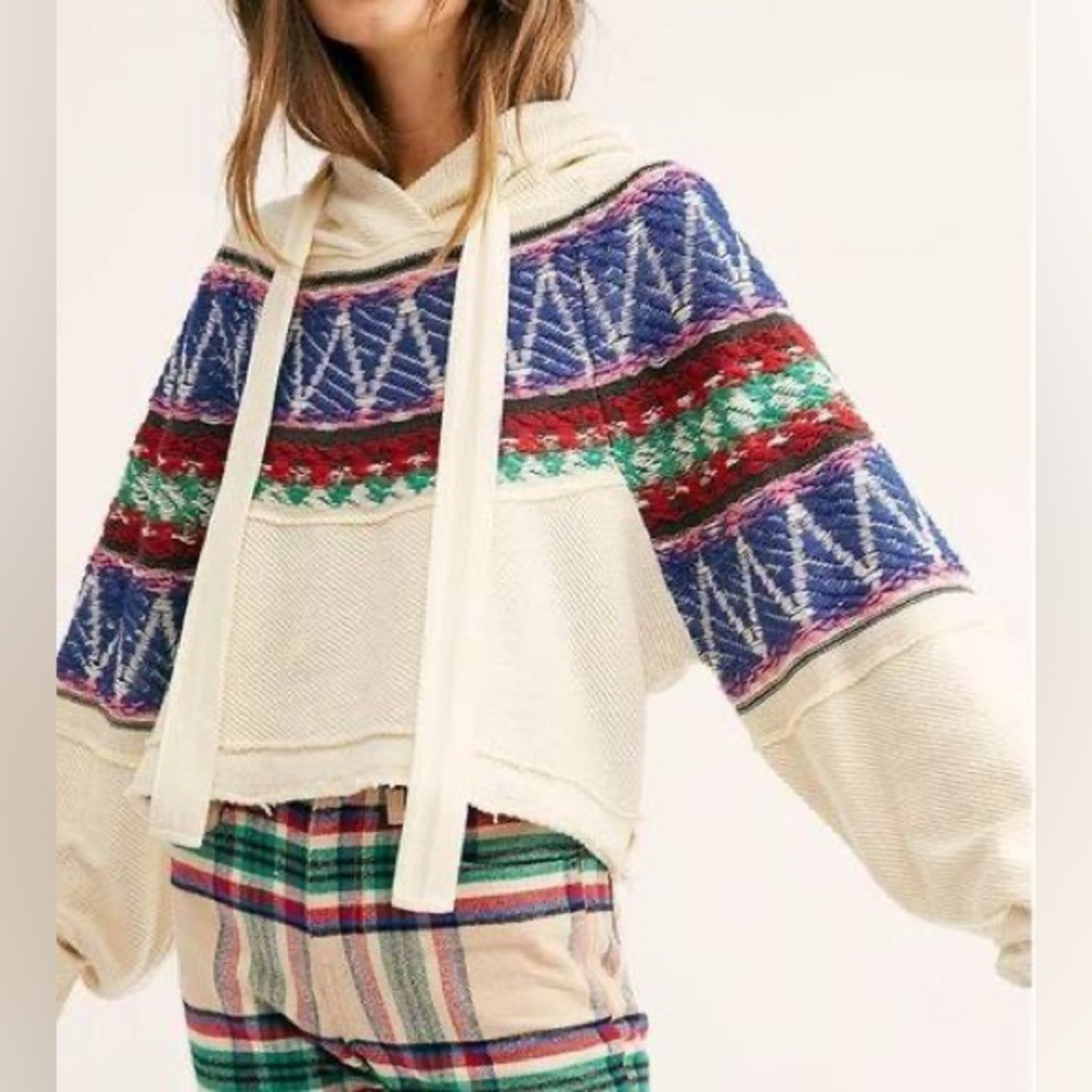 Free People Fair Isle Cropped Embroidered Hoodie